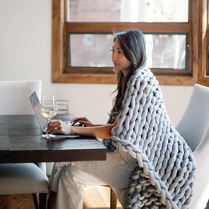 Nuzzie Chunky Knit Weighted Blanket - Breathable, Cooling, Hand Made Knit Throw Blanket for Sleep - Machine Washable, Stylish Decor Design (Misty Grey, Queen | 28lbs | 80"x80")