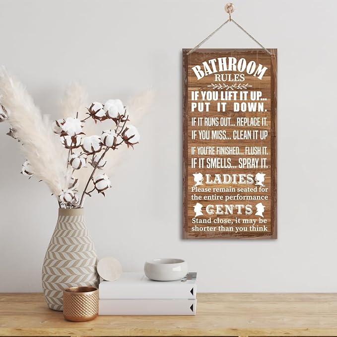 Rustic Western Bathroom Decor - Funny Wall Signs, Farmhouse Country Rules Wall Decor I1