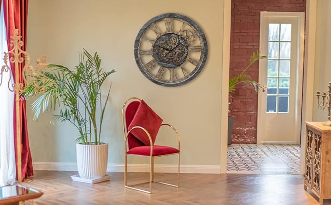 HOIBAI Large Wall Clock, Wall Clocks for Living Room Decor 20 Inch Farmhouse Vintage Rustic Kitchen Wall Decor Vintage Roman Oversized Wall Clock for Home Bedroom House Office, Moving Gears Clock