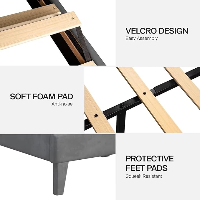 Queen Size Bed Frame with LED Lights, Upholstered Bed Frame with Wingback Diamond Tufted Headboard, Wood Slats Support, Noise-Free, Easy Assembly, No Box Spring Needed, Grey