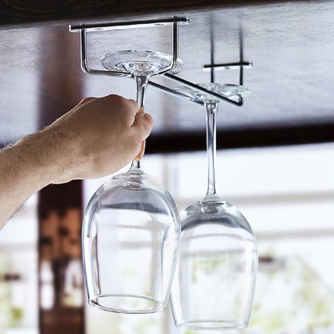Soro Essentials- 10" Glass Hanging Stemware Rack Chrome Plated Set of 2- Wine Glass Hangers Under Shelf Cabinet Wire Wine Holder Storage Hanger for Cabinet Kitchen Bar or Home