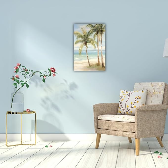 LURENCZH Tropical Beach Canvas Wall Art Seaside Palm Tree Picture Wall Decor Ocean Scenery Painting Prints for Bathroom Decor Framed(Beach-3,20.00" x 30.00")