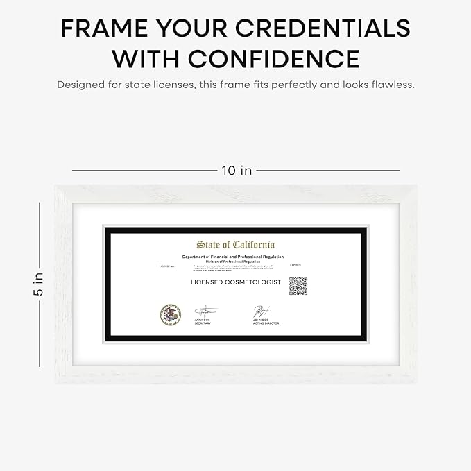 Homeforia 5x10 Business License Frame White, High End Oak 5 x 10 White Wood Document Certificate Frame with Mat 4x9, 10x5 Wooden Picture Frames for Wall or Tabletop, Tempered Glass, Wall Kit, Set of 1