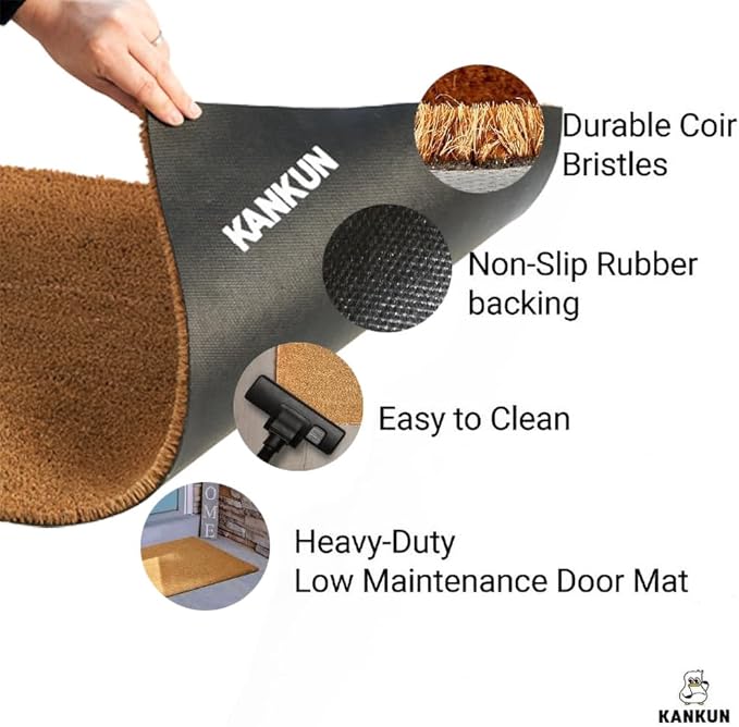 KANKUN Coco Coir Door Mat with Heavy Duty Backing, Welcome Doormat (17" x 30"), Doormat Entrance Anti Shedding (Plain - 2Pack)