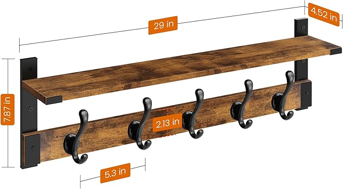 Homode Coat Rack Wall Mount, 29 Inch Long Shelf with Hooks, Wood Entryway Shelf with 5 Hangers for Hanging Hat Jacket Backpack Purse, Rustic Brown Black