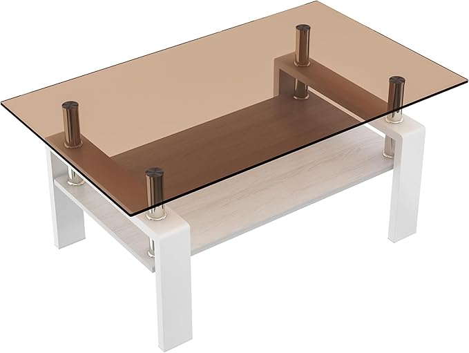 Glass Coffee Table Rectangle Living Room Center Table, with Brown Tempered Glass Tabletop and White MDF Layer,for Living Room and Office, Brown+White