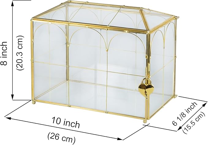 Glass Card Box with Slot, 10.2 inch Large Gold Clear Card Box for Wedding Receptions, Decorative Storage Box with Lock for Baby Shower, Birthday Party, Bridal Shower