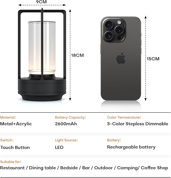 Portable Metal Table Lamp for Indoor/Outdoor ,Rechargeable Cordless LED Lamp, 3-Colour Infinitely Dimming Battery Powered Small Desk Lamp, Restaurant/Bedroom/Bar/Coffee/Camping Light (Black Set of 2)