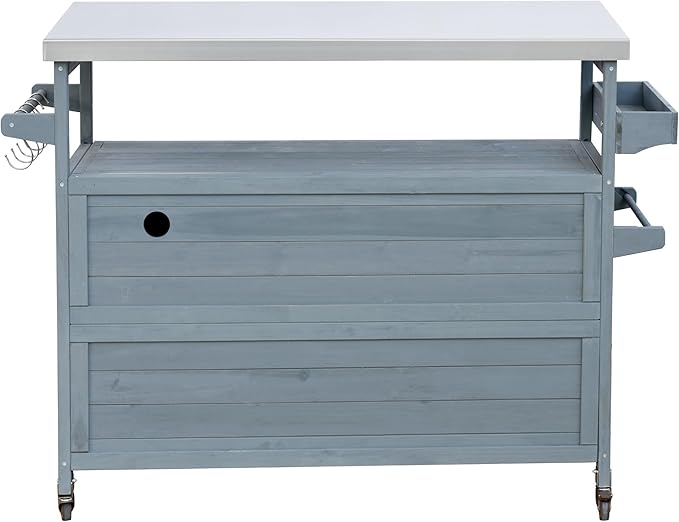 Outdoor Solid Wood Grill Table with Stainless Steel Top, Farmhouse Kitchen Island with Storage Cabinet, Outdoor Bar Cart with Internal Storage Rack, Spice & Towel Rack, Grey Blue
