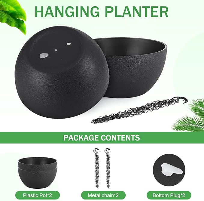 12 inch Hanging Planters for Indoor Plants, 2 Pack Planters for Outdoor Plants with Drainage Holes and Chain, Round Plastic Hanging Baskets, Hanging Flower Pots for Balcony Garden Decor-Black