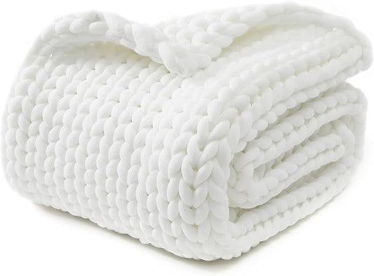 YnM Chunky Throw Blanket, Medium-Weight, Hand Knitted, Skin Friendly, Ventilated and Breathable, Machine Washable, Home Décor Piece for Couch, Sofa and Bed (White, 40x50 Inch)