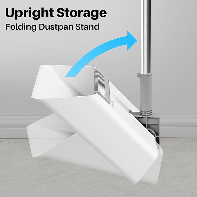 JOYMOOP White Broom and Dustpan Set, Upright Angle Design with Built-in Comb Teeth for Kitchen, Office, Pet Hair, Hard Floors
