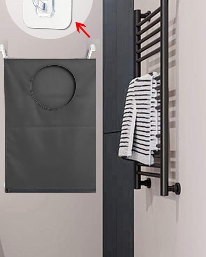Hanging Laundry Hamper Bag โ Space-Saving Dirty Clothes Storage with Free Adjustable Stainless Steel Over-the-Door Hooks & Suction Cup Hooks โ Ideal for bathrooms, bedrooms & dorms (2, Gray)
