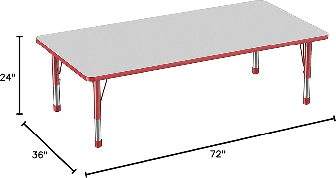 Factory Direct Partners FDP Rectangle Activity School and Classroom Kids Table (36 x 72 inch), Toddler Legs, Adjustable Height 15-24 inches - Gray Top and Red Edge