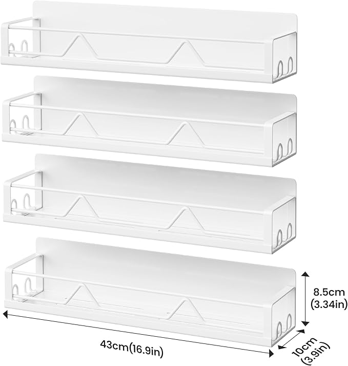 16.9 Inch Wide Large Capacity Magnetic Spice Rack for Refrigerator, 4 Pack Metal Fridge Shelf, White