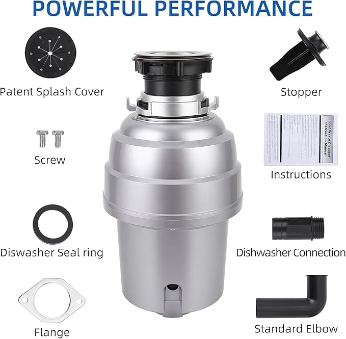 Powerful 3/4HP Stainless Steel Garbage Disposer, Dishwasher-Friendly and Continuous Feeding Waste Disposer, Grinding Material Four-Stage Grinding, Silver