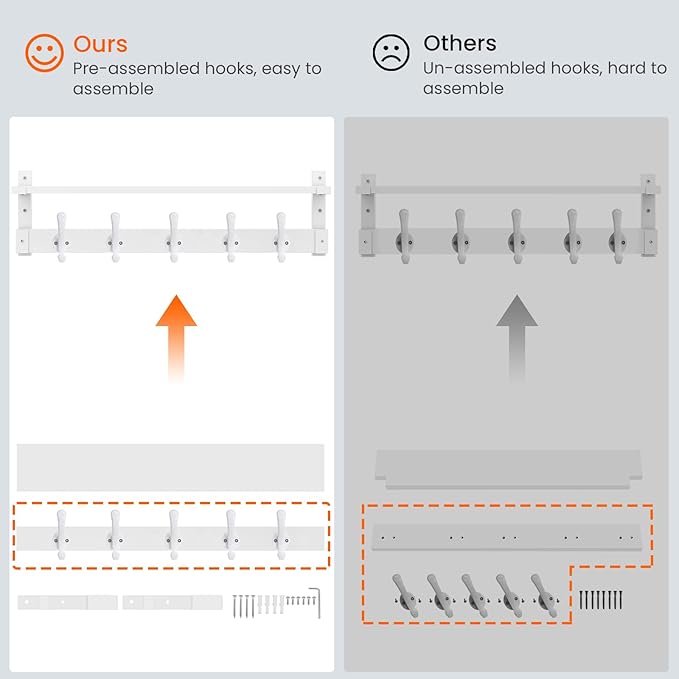 Homode Coat Rack With Wall Shelf, 29" Wooden Entryway Floating Shelf With Hooks Underneath, Hanging Coat Hanger for Bathroom, Living Room, Bedroom, Hallway, White