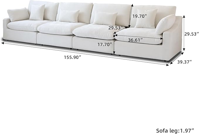 JACH Sectional Couches for Living Room, 4 Seater Cloud Sectional Couch with Deep Seat, Down Filled Modular Sofa, Covers Removeable & Washable, Sofas Furniture for Living Room, White