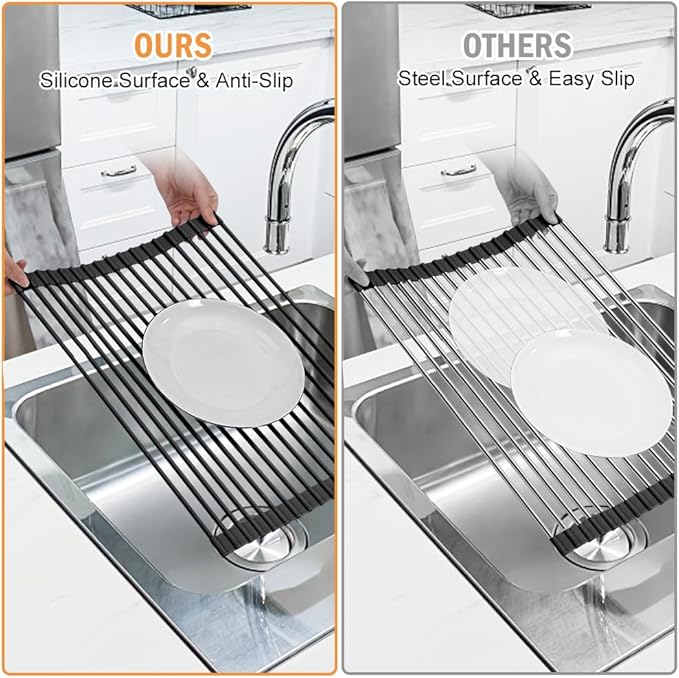 LEMIKKLE Roll Up Dish Drying Rack 17" x 13", Over The Sink Dish Drainer Rack, Foldable Sink Drying Rack, Anti-Slip Silicone Wrapped Dish Drainer for Kitchen Counter (Black)