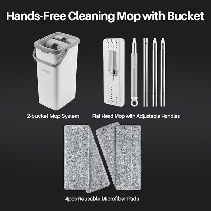 JOYMOOP Mop and Bucket Set, Dust Mops for Floor Cleaning, Wall Mop with 4 Microfiber Mop Head Replacement
