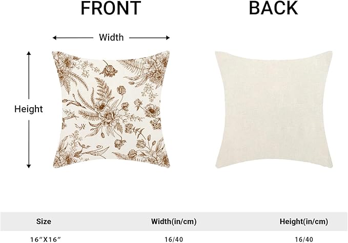 CXMEIFLY Spring Floral Leaves Pillow Covers 16 x 16 Inch Set of 2 for Chinoiserie Flowers Decor Throw Pillows Brown and White Seasonal Plant Outdoor Decorative Cushion Cases for Couch Bed Decorations
