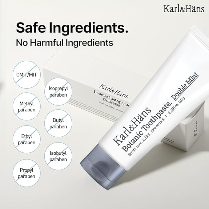 Karl&Hans Botanic Double Mint Toothpaste with Fluoride - Natural, Freshens Breath, Strengthens Enamel, Whitens Teeth, and Soothes Sensitive Teeth with Xylitol and Aloe Extracts, 4.23 oz