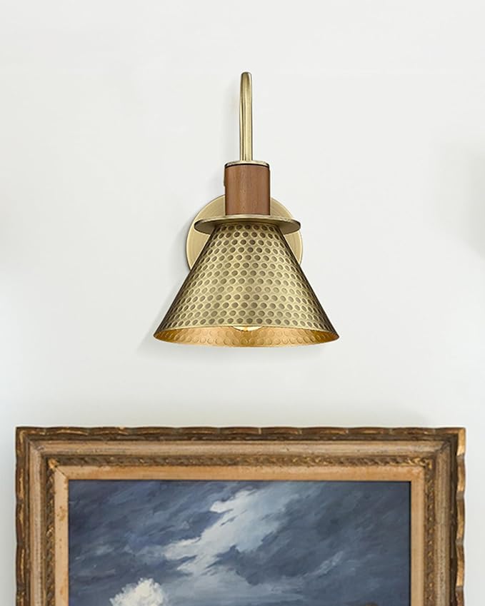 Industrial Wall Sconces Set of Two, HWH Indoor Wall Light Fixtures Gooseneck Barn Light, Single Wall Vanity Lamp for Bedroom Bedside Kitchen, Hammered Metal Shade, Antique Brass Finish, 5HZG74B-2L BG