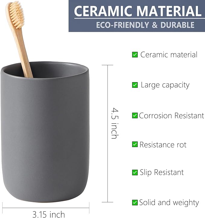 Matte Grey Toothbrush Holders - Ceramic Toothpaste Holders Set, Reusable Toothbrush Cup, Bathroom Counter Organizer