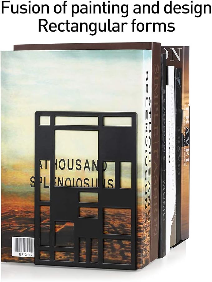 Book Ends, Bookends, Book Ends for Shelves, Bookends for Heavy Books, Book Divider Decorative Holder, Metal Heavy Duty Bookend Black 2 Pair, Abstract Art Desgin Book Stopper Supports for Office, Home