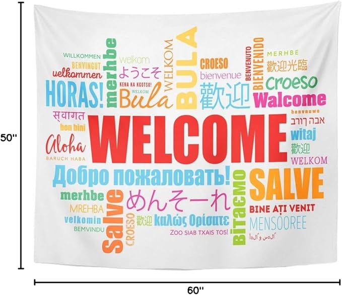 TOMPOP Tapestry World Welcome Word Cloud in Different Languages Conceptual Multilingual Home Decor Wall Hanging for Living Room Bedroom Dorm 50x60 Inches