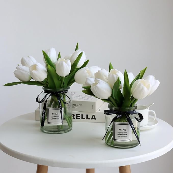 Buart White Flowers Artificial Luxury Big Tulip Valentine's Day Mother's Day Easter Home Kitchen Wedding Decorations(11pcs)