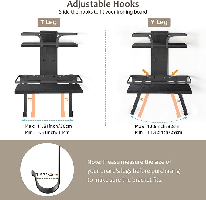 VINAEMO Ironing Board Hanger Wall Mount, 2-Layer Iron and Ironing Board Holder, Laundry Room Shelves Solid Wood with Removable Hooks Home Organization and Storage