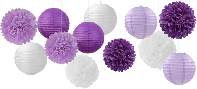 Purple-White Lavender Party Decorations Paper Flowers Lanterns - 15PCS Birthday Graduation Tissue Pom Poms Streamers, Baby Bridal Shower Wedding Retirement Bachelorette Hanging Supplies Decor Hugfond