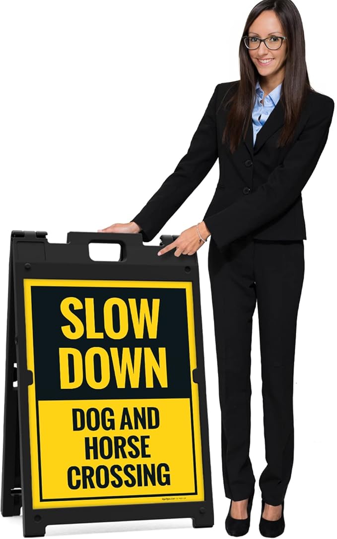 Slow Down Dog and Horse Crossing Sidewalk Sign Kit, 18x24 Inches, with A Frame Stand, Made in USA