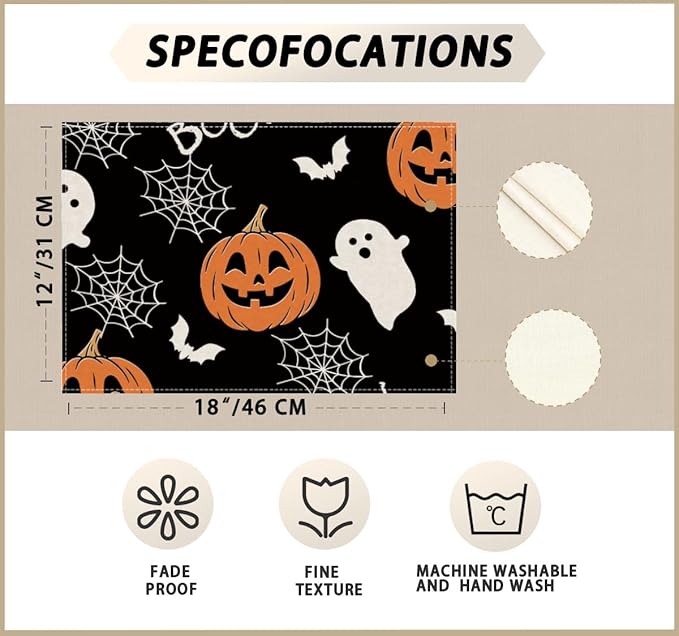 XCHI Boo Spooky Ghost Pumpkin Halloween Placemats Set of 4 Table Mats Table Decorations 12x18 Inch