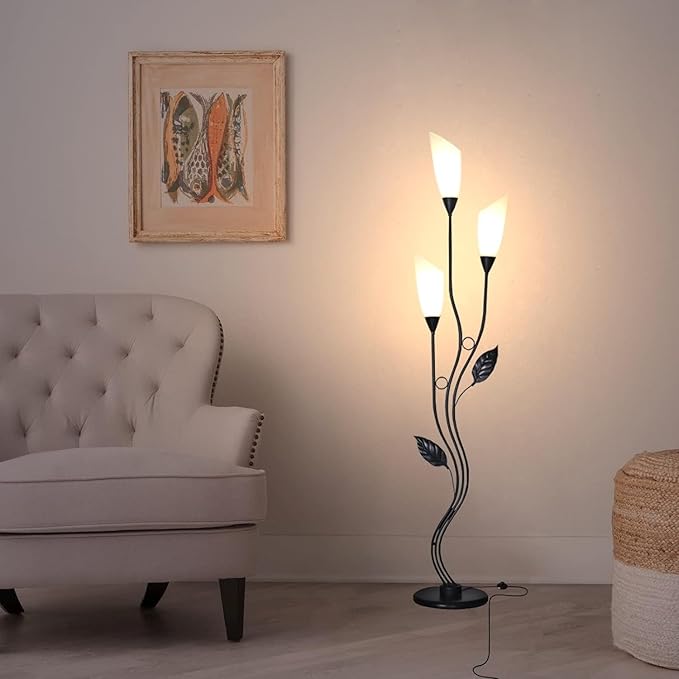 JBZ Flower Floor Lamp for Living Room, 62" Tall Pole Lamp with Foot Switch, with 3 Heads Dimmable LED Lamps for Farmhouse Rustic Bedroom Office, with Plug and 1200LM, 3 Color Temperatures E27