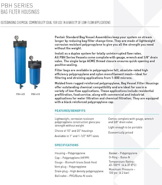 Pentair Pentek 150360 PBH Big Blue Bag Filter Housing, 1" NPT #10 Bag Vessel Assembly with Gauge, Wrench and Drain Valve, 10-Inch, Black/Blue
