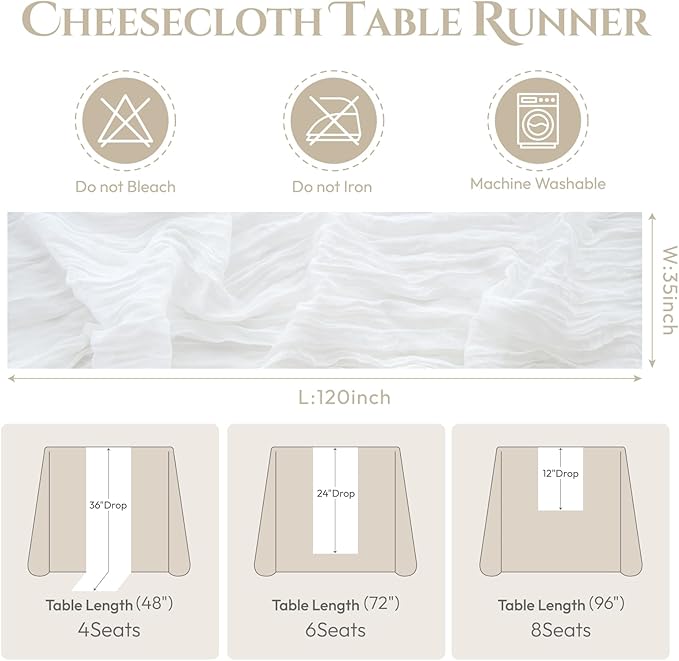Sioloc Ivory White Cream Cheesecloth Table Runner Fall Autumn Decor for Home 10ft Table Cloth for Tea Wedding Birthday Party Baby Bridal Shower Halloween Thanksgiving