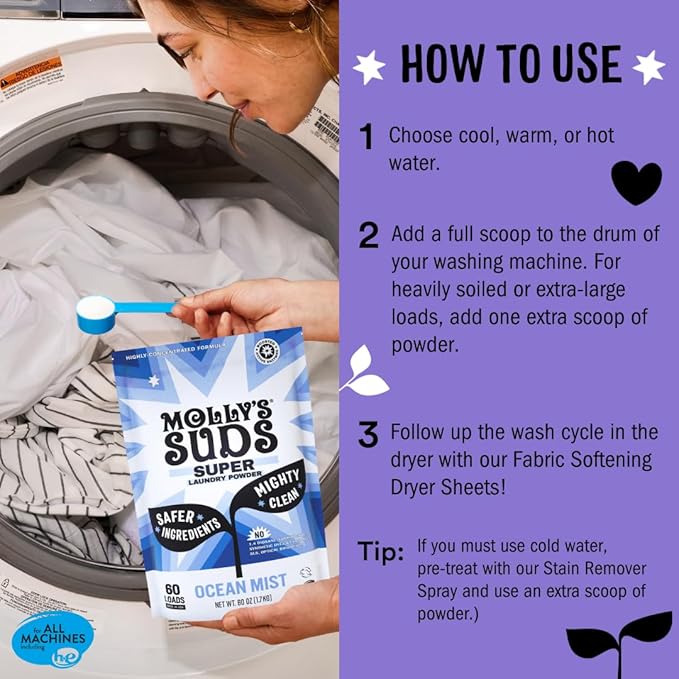 Molly's Suds Super Powder Detergent | Extra Strength Laundry Soap, Stain Fighting | Sensitive Skin | Simple, Effective Ingredients | Lavender, 120 Loads Total (2 Pack)