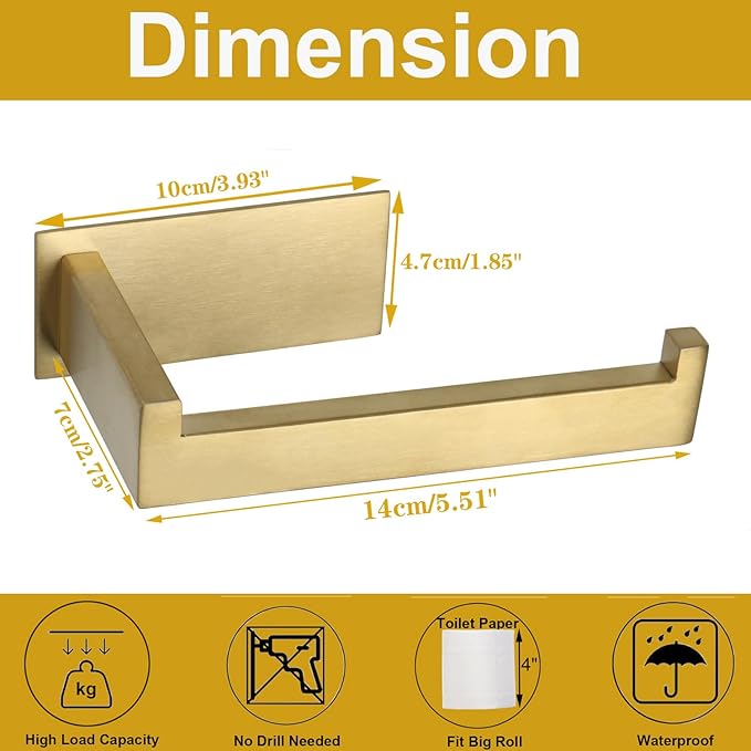 Toilet Paper Holder, Self Adhesive Tissue Holder Stainless Steel Rustproof Paper Roll Holder, No Drilling Easy to Install, Toilet Paper Rack Suitable for Office, Bathroom (Brushed Gold)
