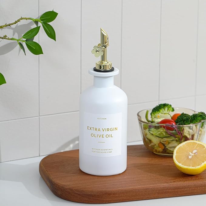 HOMCDALY Olive Oil Dispenser for Kitchen, 11.8oz Glass kitchen Dispenser Bottle, Gold Oil&Vinegar Cruet Set, Leakproof Oil Containers for Cooking| Set of 2 (11.8oz – Gold)