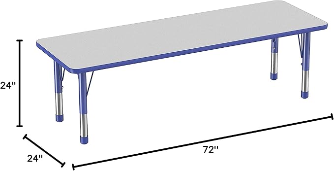 FDP Rectangle Activity School and Classroom Kids Table (24 x 72 inch), Chunky Toddler Legs, Adjustable Table Height 15-24 inches - Gray Top and Blue Edge