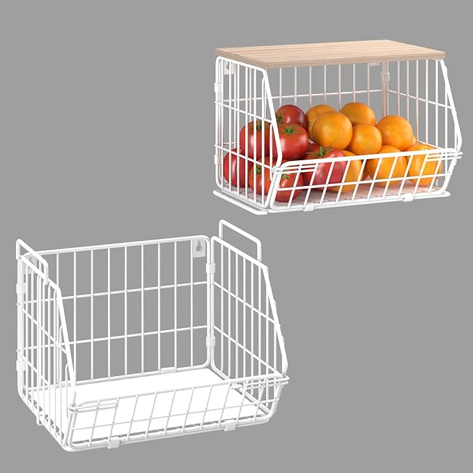 Wetheny 2 Tier Stackable Wall Mounted Wire Basket Fruit Basket with Wood Lid - Kitchen Pantry Organization and Storage, Hanging Storage Basket for fruits, Onion, Potato, Produce, Vegetable (White)
