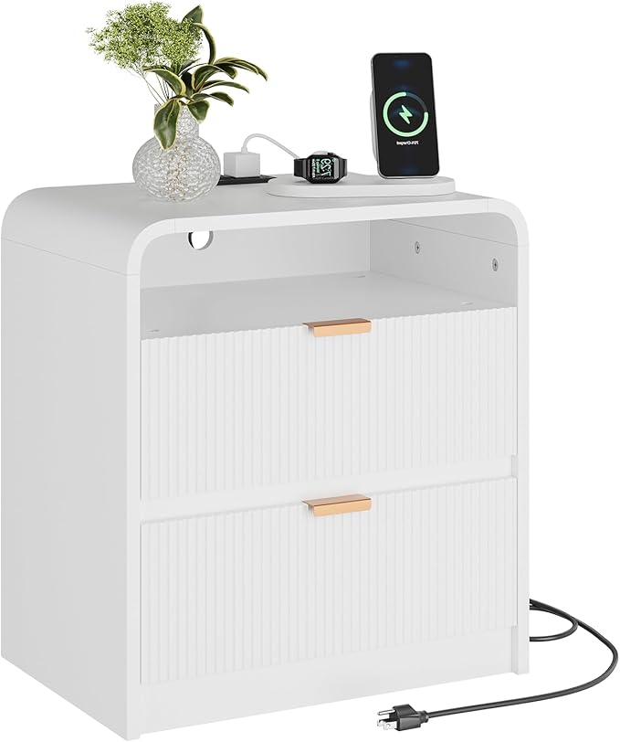 FURSUN 24" Fluted Nightstand with Charging Station, Wooden End Table with 2 Drawers Storage, Curved Profile Design, Modern Bedside Cabinet for Bedroom Living Room, White