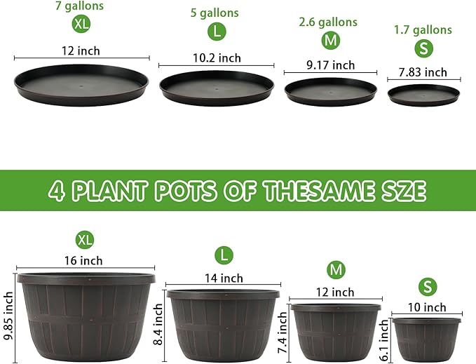 Quarut 14 Inch Plastic-Flower-Pot-for-Indoor-Plants, 4 Pack Large Outdoor Planter Pot with Drainage Holes & Saucers, Resin Decorative Garden Pots Planters(Brown)