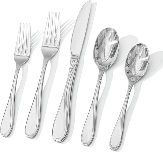 HIKAA Wave Design Silverware Set Service for 8, 40-Piece Artistic Stainless Steel Flatware Set with Fibonacci Pattern, Heavy Duty Mirror Polished Cutlery Set