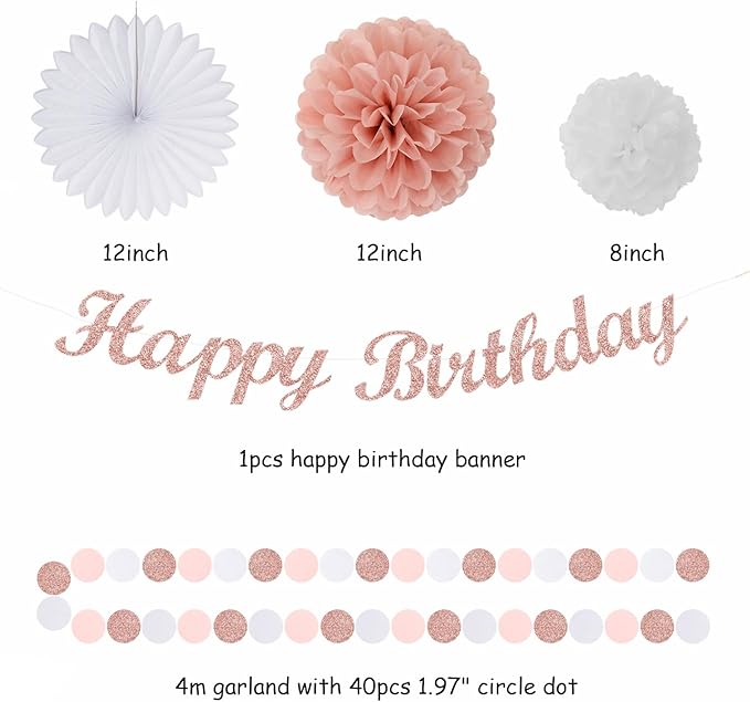 Light-Pink Rose-Gold Birthday Garland Party-Decorations - 14pcs Happy Banner Women Paper Flowers Lanterns Tissue Pom Poms,Streamers Fans Honeycomb Girls Adult Women Kids Hanging Supplies Decor Hugfond