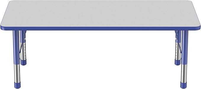 FDP Rectangle Activity School and Classroom Kids Table (30 x 60 inch), Toddler Legs, Adjustable Height 15-24 inches - Gray Top and Blue Edge