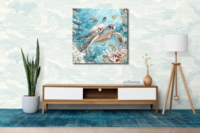Sea Turtle Bathroom Wall Decor Ocean Theme Framed Canvas Wall Art Coastal Nautical Prints Picture Watercolor Coral Marine Life Painting for Kid Bedroom Living Room Home Decoration 14x14â