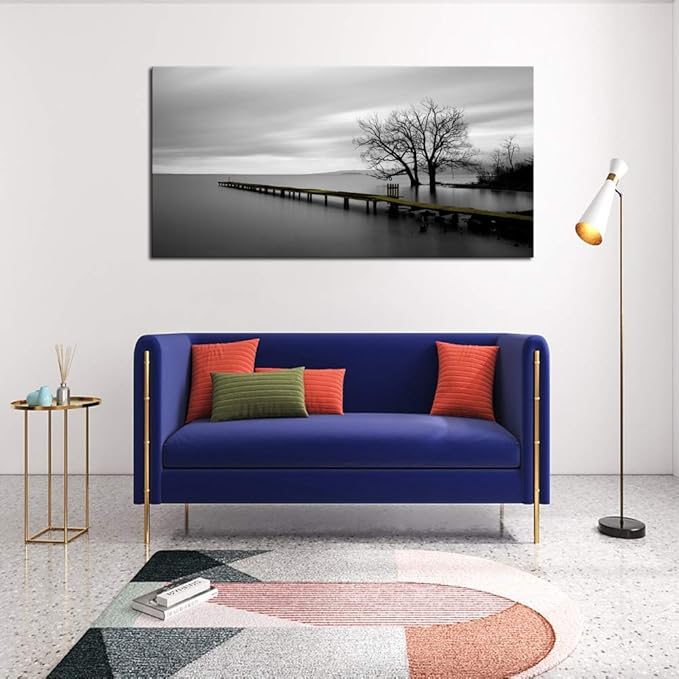 DZL Art S74950 Gray Canvas Prints Modern Minimalist Black and White Lake Trees Landscape Wall Art Painting for Living Room Bedroom Decor Office Wall Decor Home Decoration